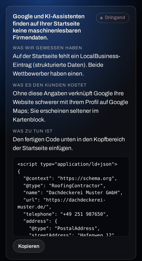 Ein Befund in der App: Google und KI-Assistenten finden auf der Startseite keine maschinenlesbaren Firmendaten, darunter der fertige Code und der Knopf Kopieren.